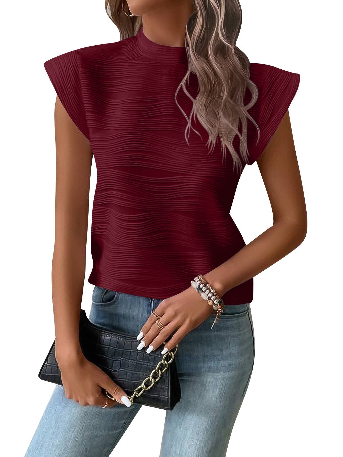 Elegantes Damen-Top mit strukturierten Puffärmeln und hohem Ausschnitt, Größe S
