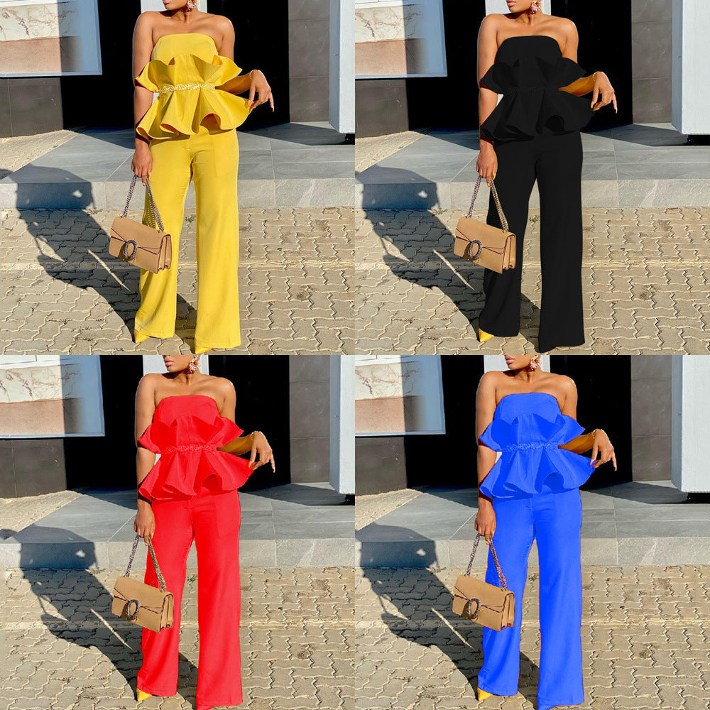 Damen-Jumpsuit mit voluminösen Rüschen und schulterfreiem Oberteil, Größe