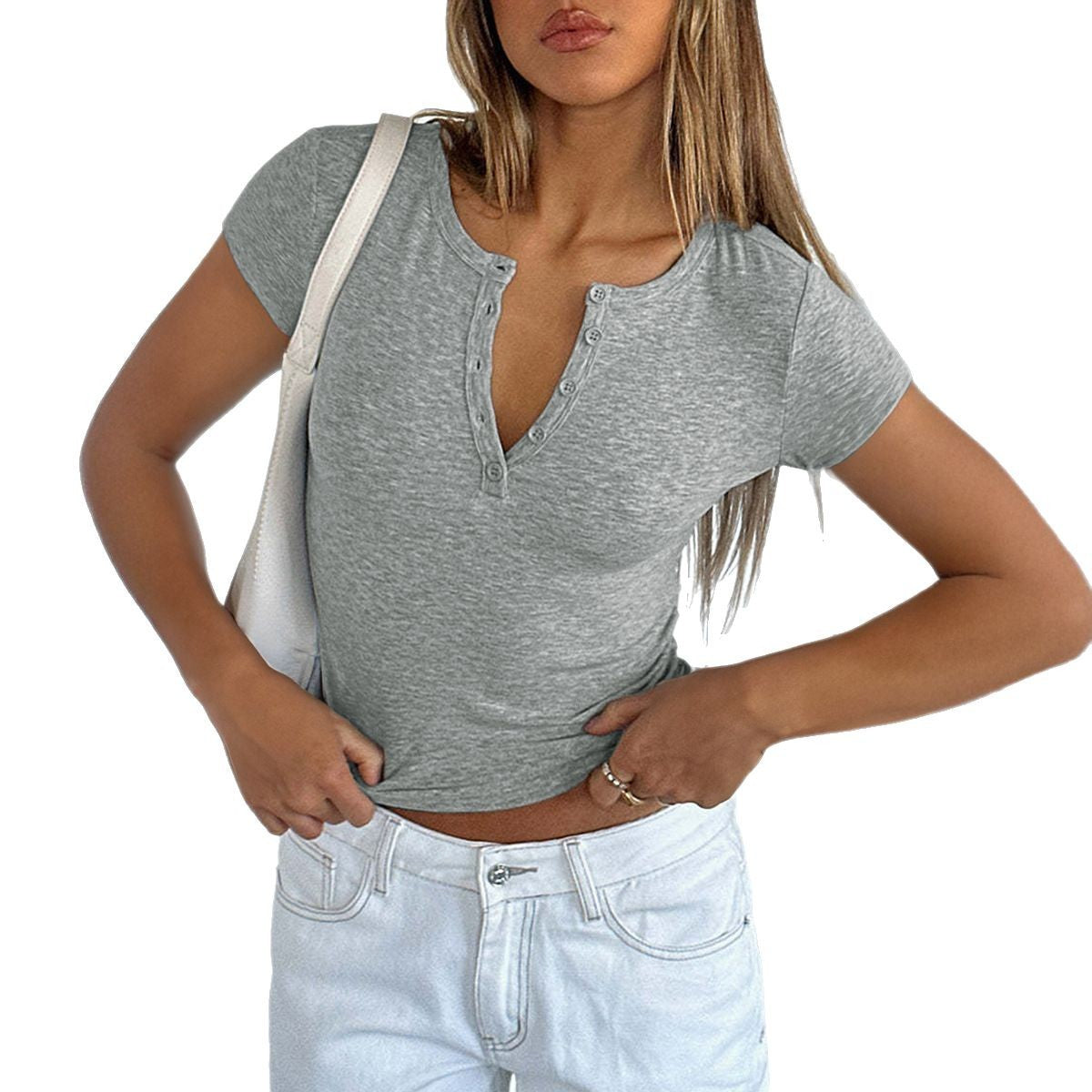 Women's figure-hugging cropped T-shirt with short sleeves and button placket, size [size missing]