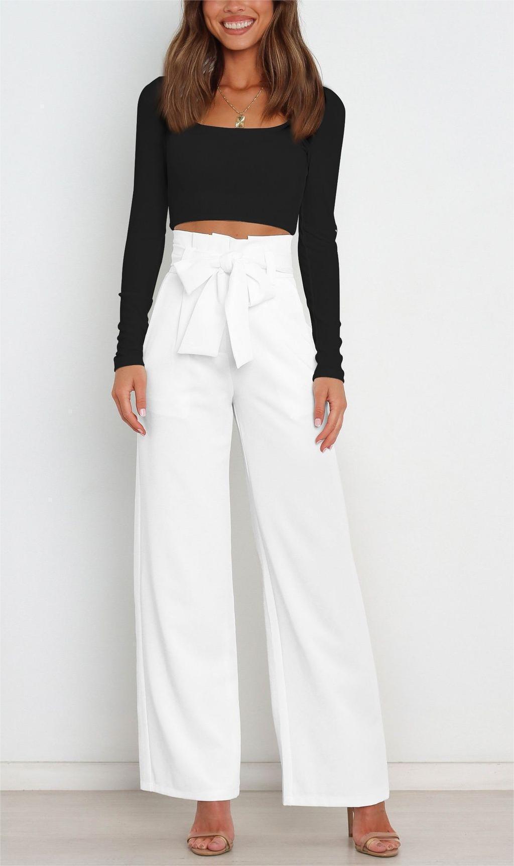 Women's elegant wide-leg trousers with waist belt, size