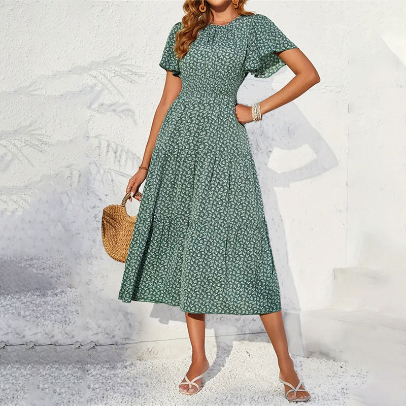 Damen-Midikleid mit voluminösen Ärmeln und fließendem Rock, Größe S