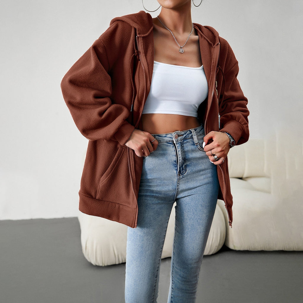 Women's fleece jacket with practical pockets and adjustable hood, size S