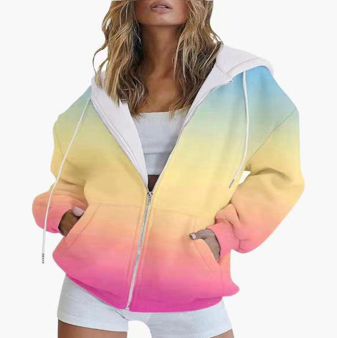 Women's hooded jacket with gradient color scheme and deep pockets, size