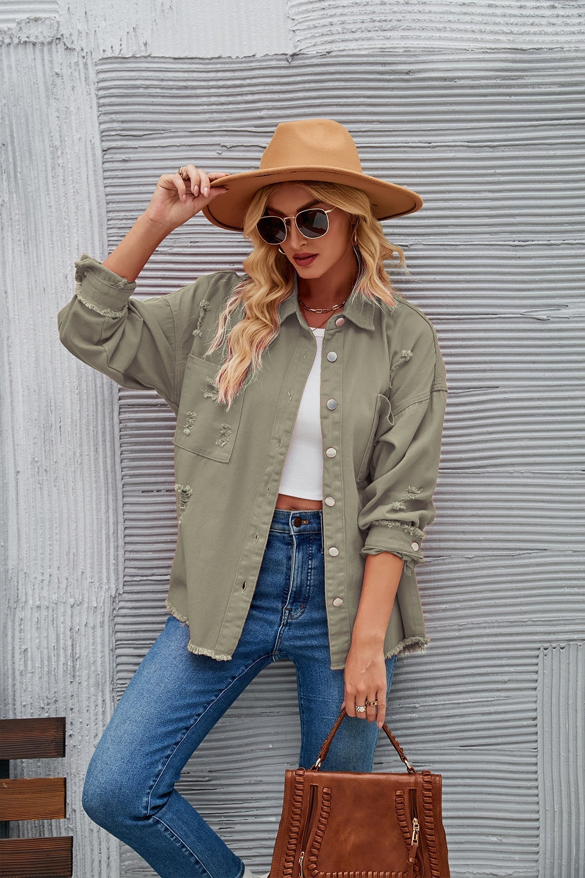 Damen-Hemdjacke aus Denim im lässigen Oversized-Schnitt mit Fransen, Größe Valenzora