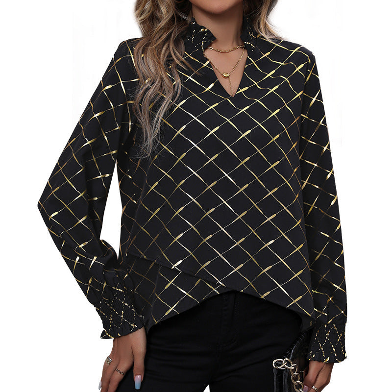 Women's blouse with elegant diamond pattern and puff sleeves, size
