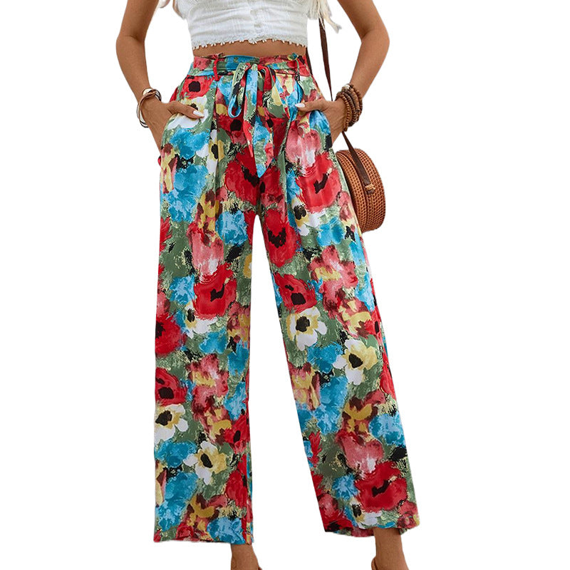 Damen-Sommerhose mit weitem Bein, farbenfrohem Blumenmuster und elastischem Bund, Größe [Größe fehlt]