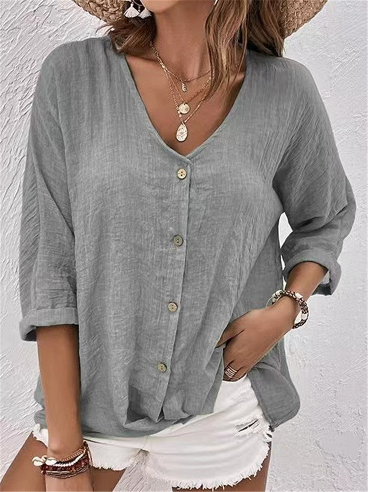 Women's casual blouse with button placket and V-neck, size