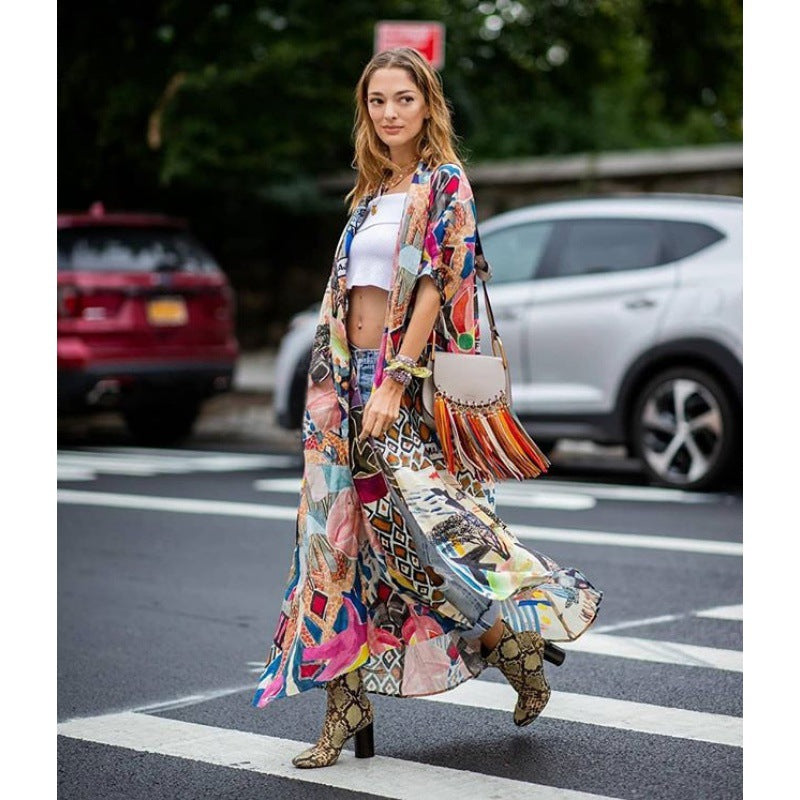 Damen-Kimono mit buntem Patchwork-Design und fließendem Stoff, Größe S
