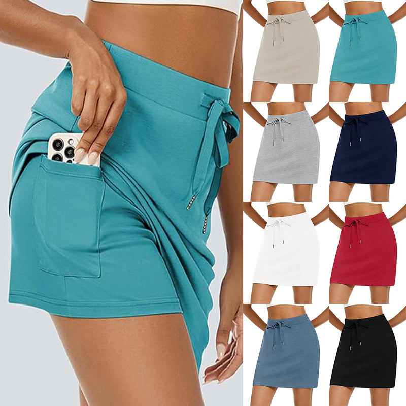 Women's sporty mini skirt with adjustable drawstring and side pockets, size