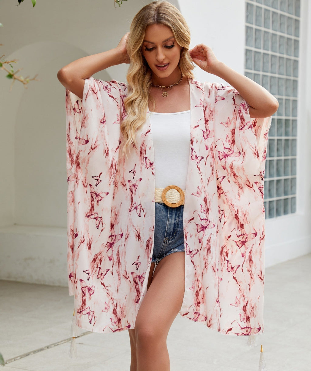 Eleganter Damen-Kimono mit künstlerischem Blumenmuster und Fransen, Größe Valenzora