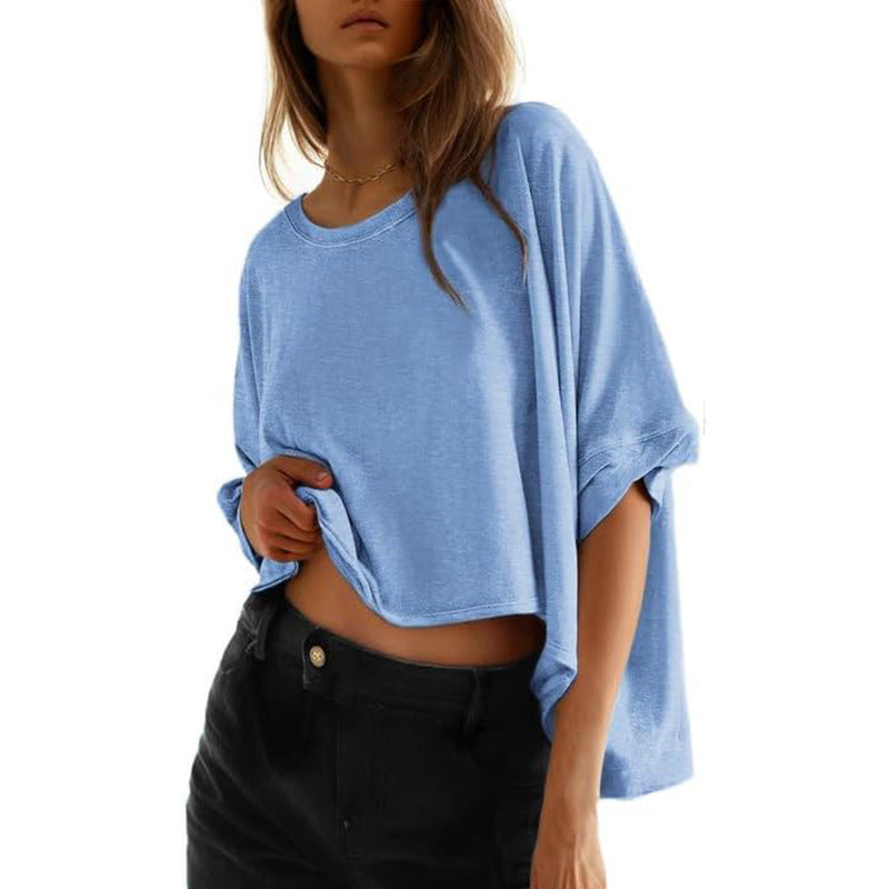 Women's casual cropped top with wide sleeves and round neckline, size