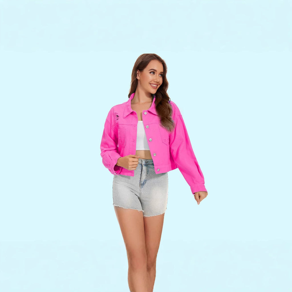 Women's denim jacket in a casual crop style with fringed details, size Valenzora