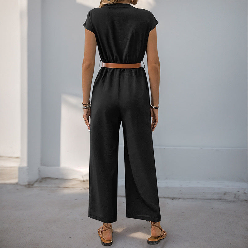 Women's jumpsuit with elegant waist belt and modern V-neck, size