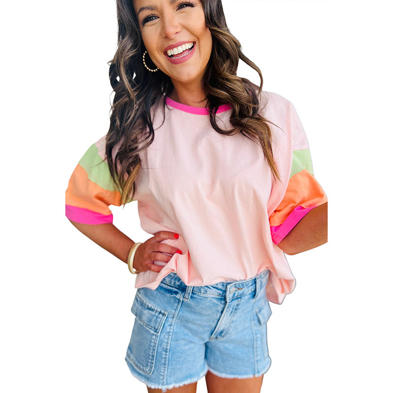 Women's casual T-shirt with colorful sleeves, size