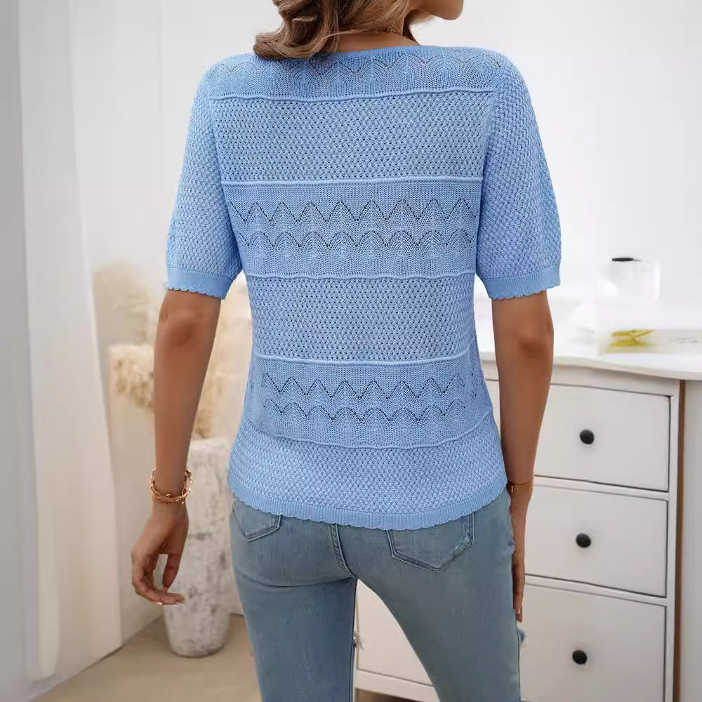 Women's airy knit top with fashionable openwork pattern and charming ruffled hem, size S