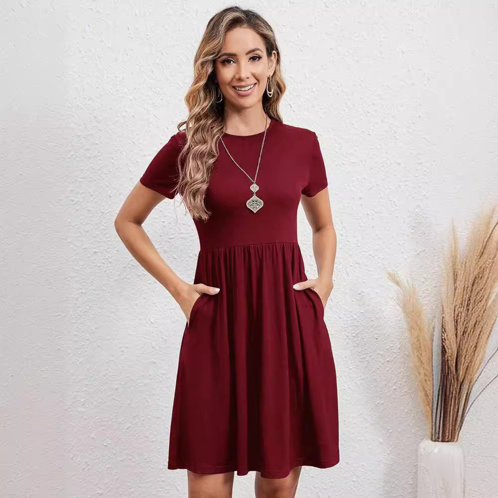 Valenzora | Elasticated waistband, knitted round neck short-sleeved dress