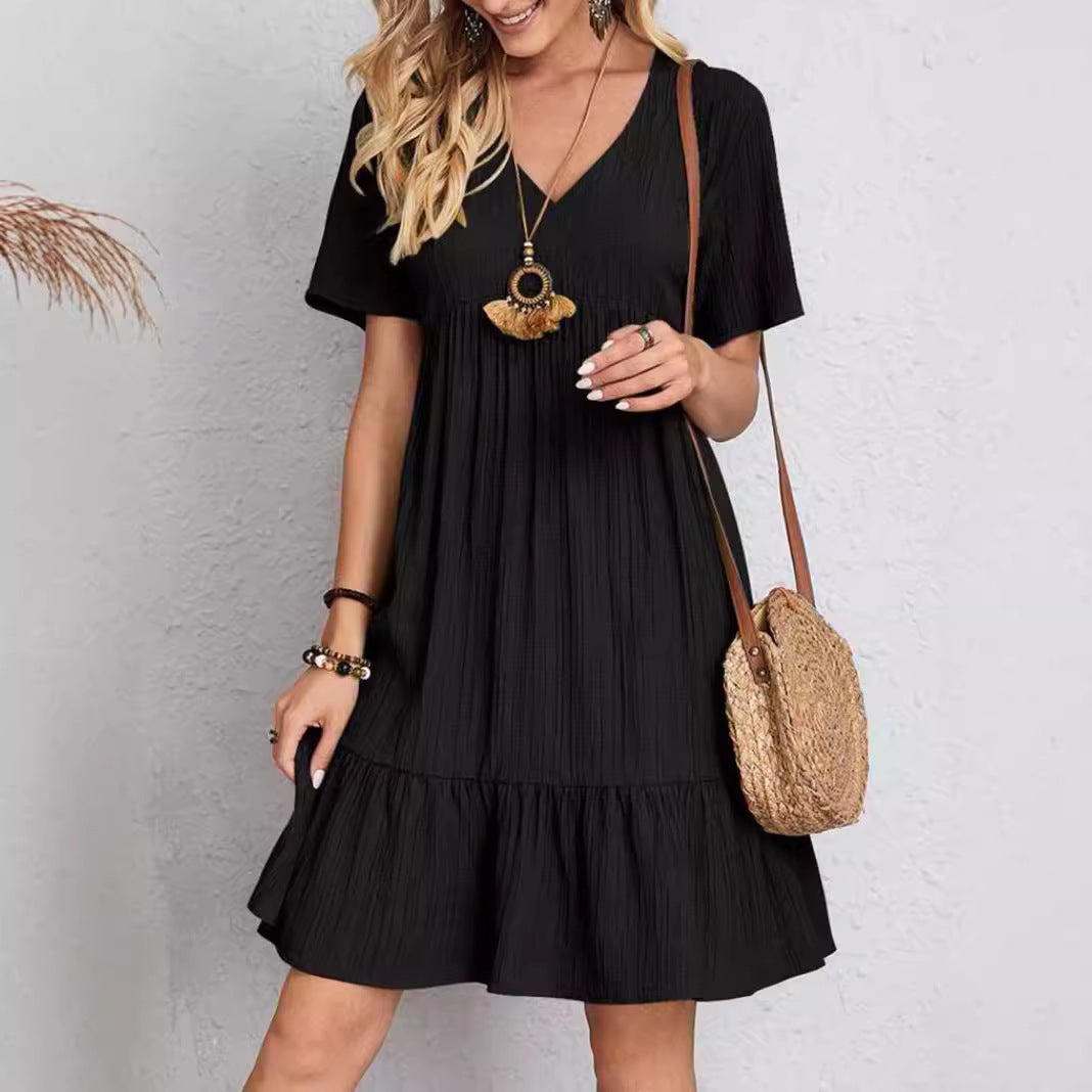 Damen Freizeitkleid mit voluminösem Saum und V-Ausschnitt, Größe