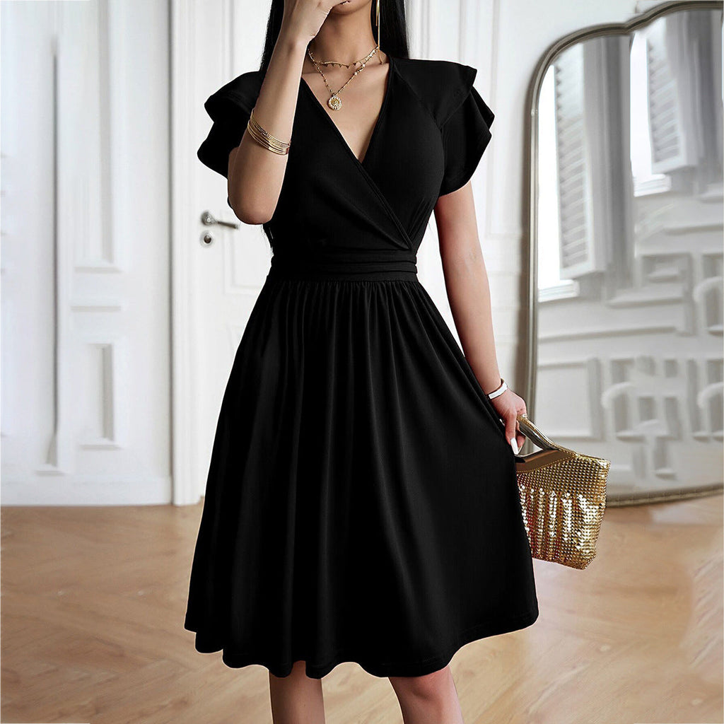 Valenzora | V-neck Solid Color Short Sleeve Dress for Women