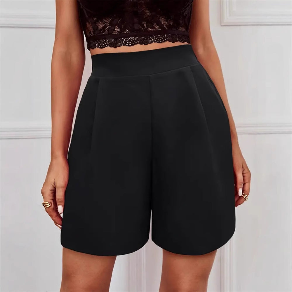 Women's Elegant High-Waisted Shorts with Decorative Pleats, Size