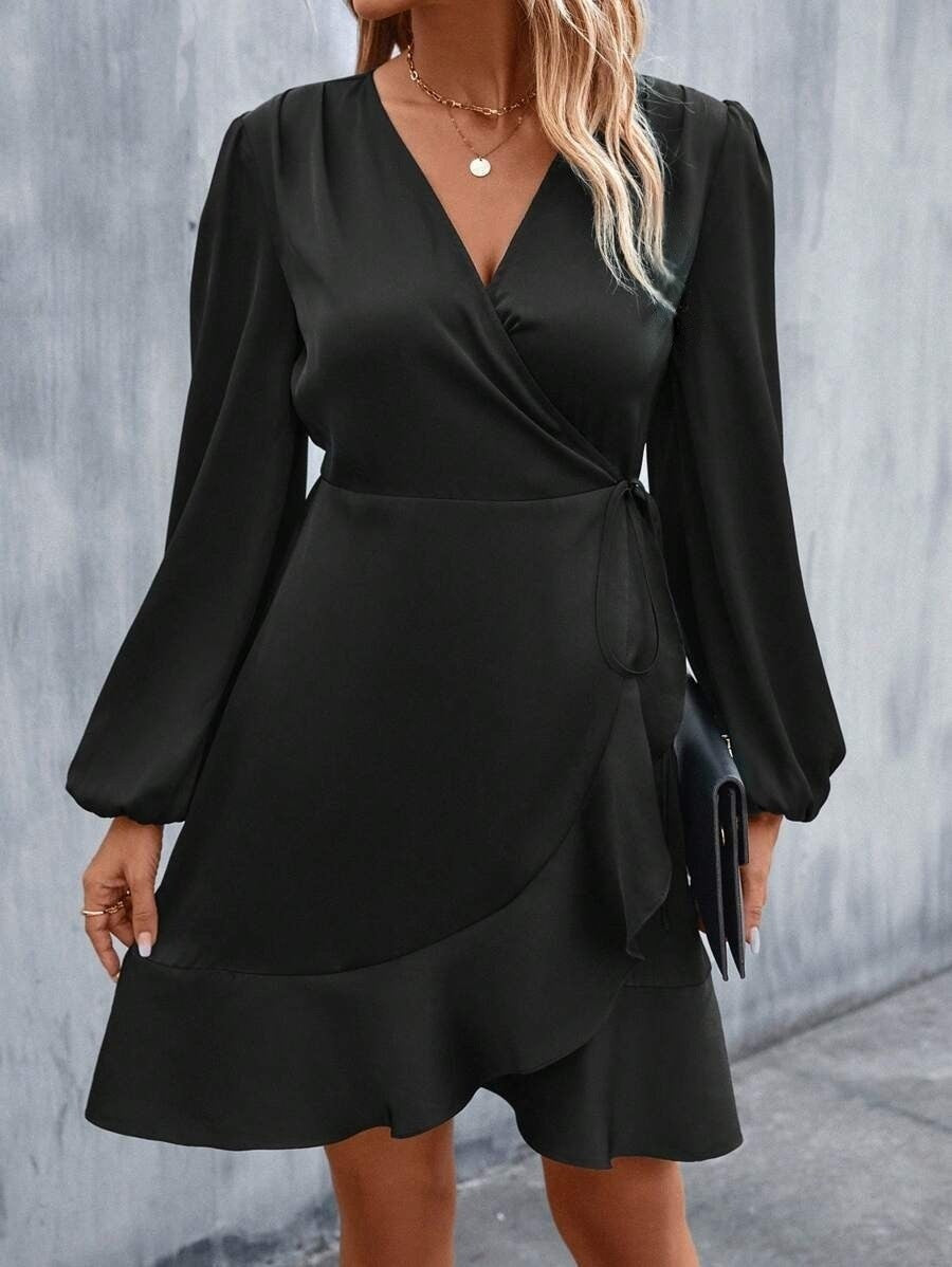 Valenzora | V-Ausschnitt-Kleid, Satin, tailliert, tiefer Ausschnitt, lässiges Midikleid, süße Damenbekleidung