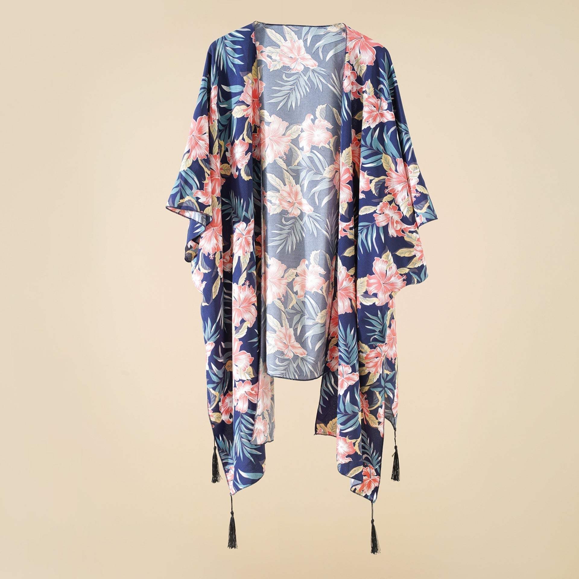 Damen Kimono-Wickeljacke mit Blumenmuster und Fransen, Größe