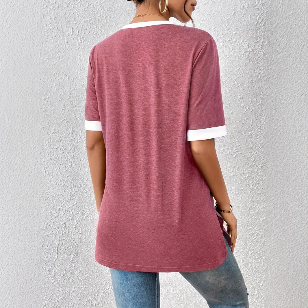 Women's V-neck shirt with contrast sleeves and comfortable fit, size