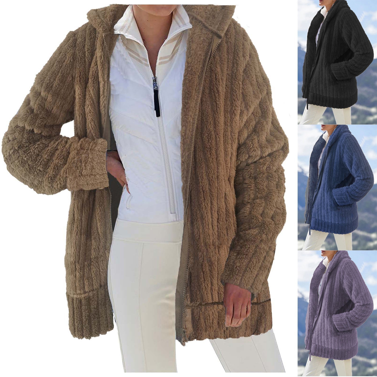Women's cozy jacket with soft, textured material and high collar, size [size missing]