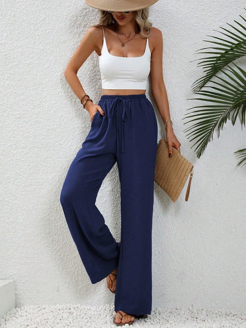 Women's elegant wide-leg trousers made from a lightweight cotton blend with elasticated waistband, size [size missing]
