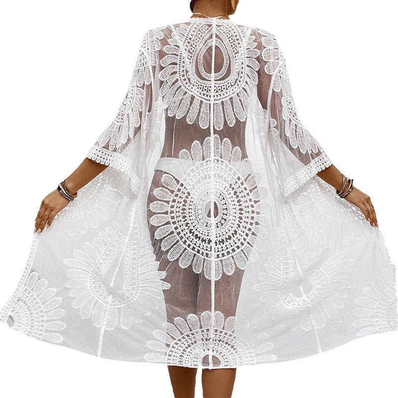 Transparenter Strandüberwurf für Damen mit elegantem Häkelmuster, Größe S