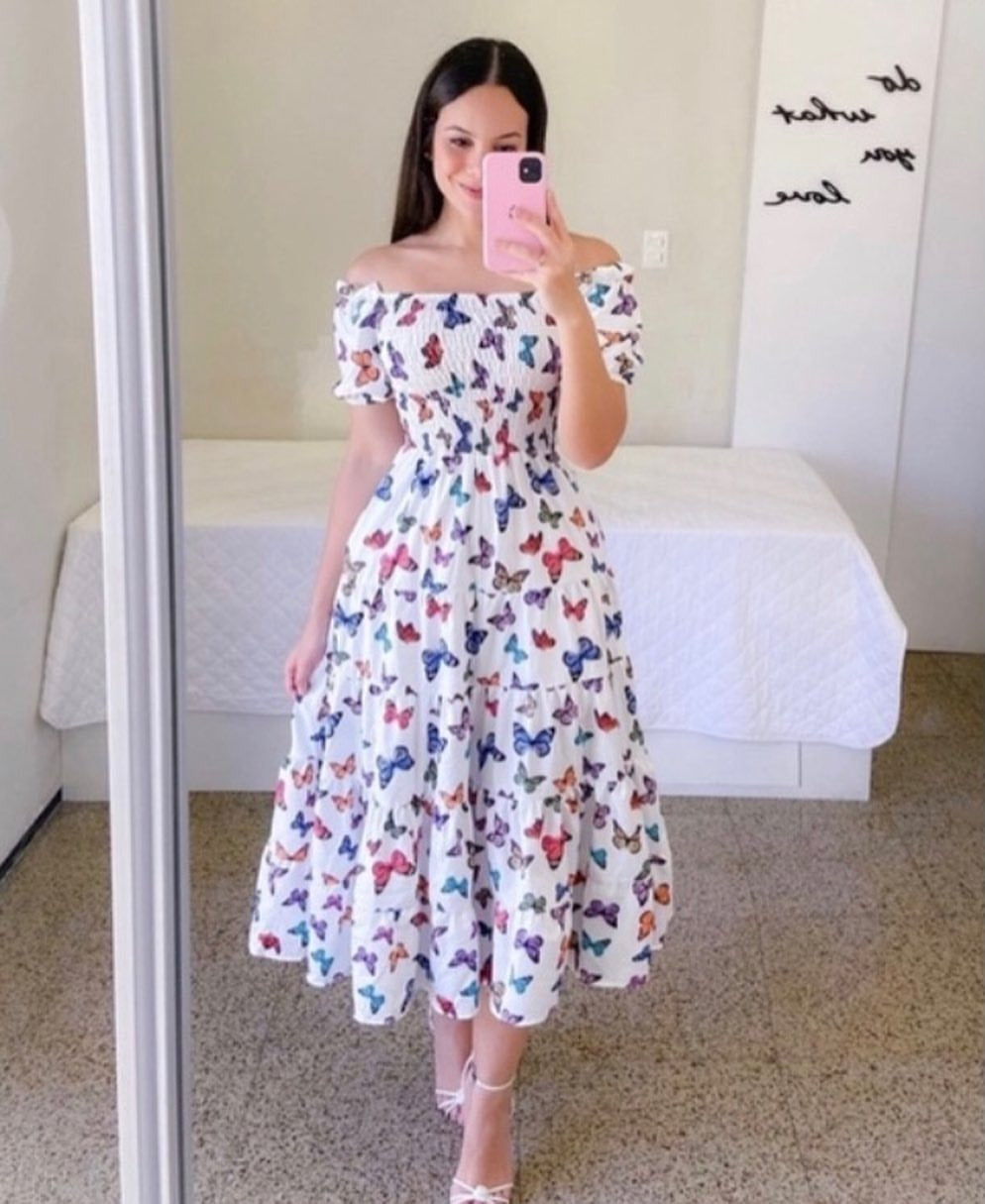 Valenzora | Bedrucktes ausgestelltes Midi-Kleid mit kurzen Ärmeln