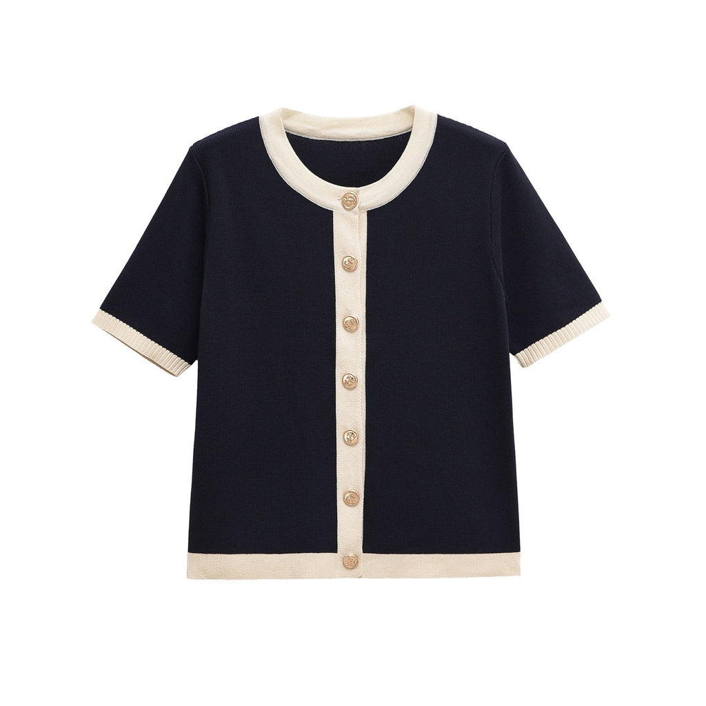 Damen-Kurzarm-Stricktop mit Zierknöpfen und modernem Design, Größe S