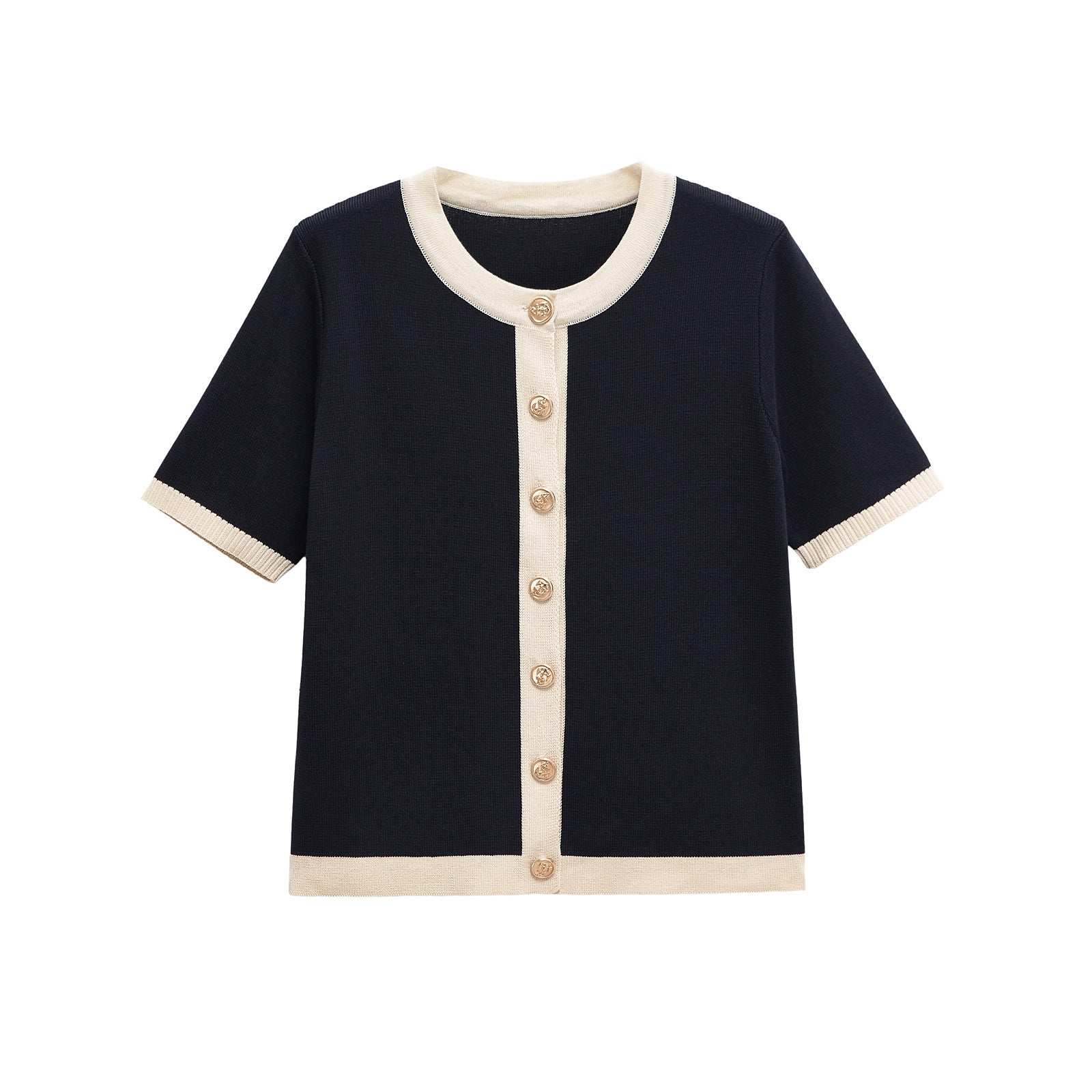 Women's short-sleeved knit top with decorative buttons and modern design, size S