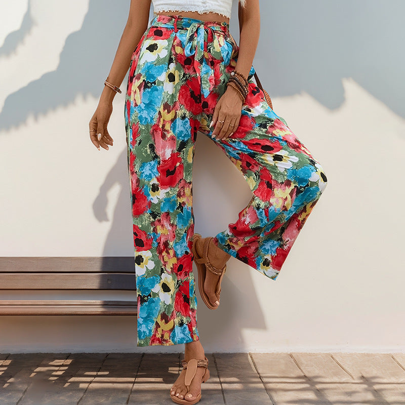 Damen-Sommerhose mit weitem Bein, farbenfrohem Blumenmuster und elastischem Bund, Größe [Größe fehlt]