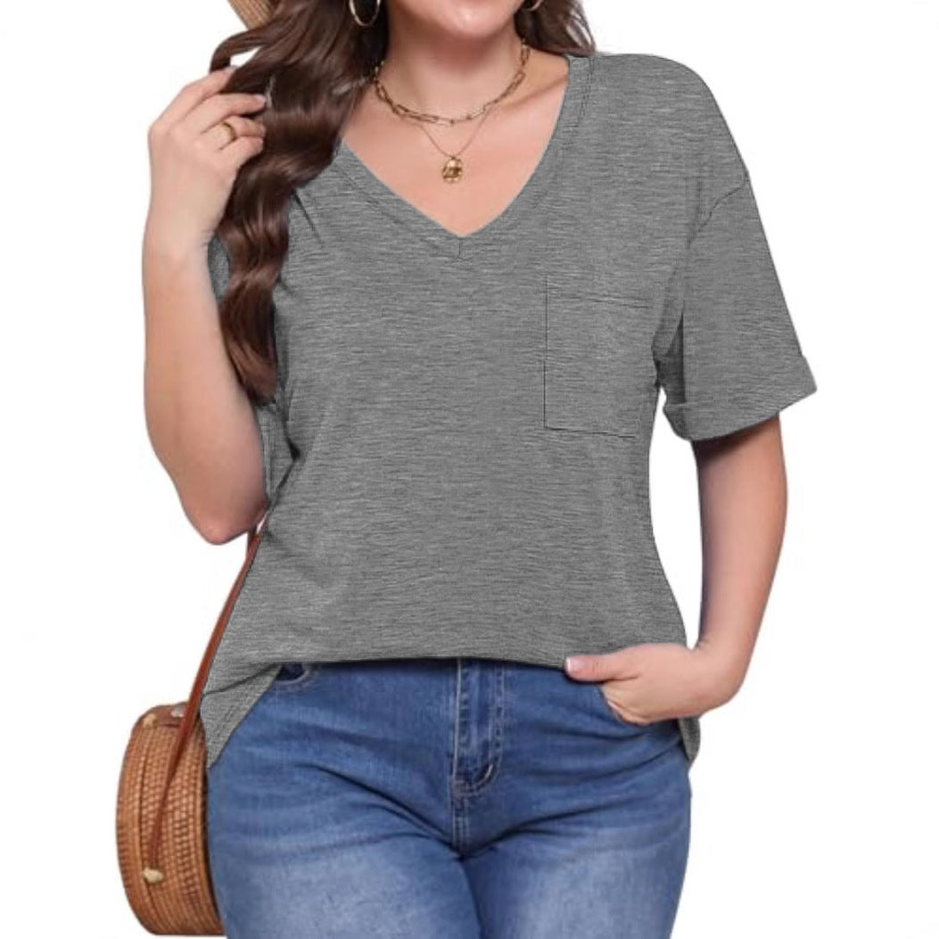 Damen V-Ausschnitt T-Shirt mit Taschen und lässiger Passform, Größe