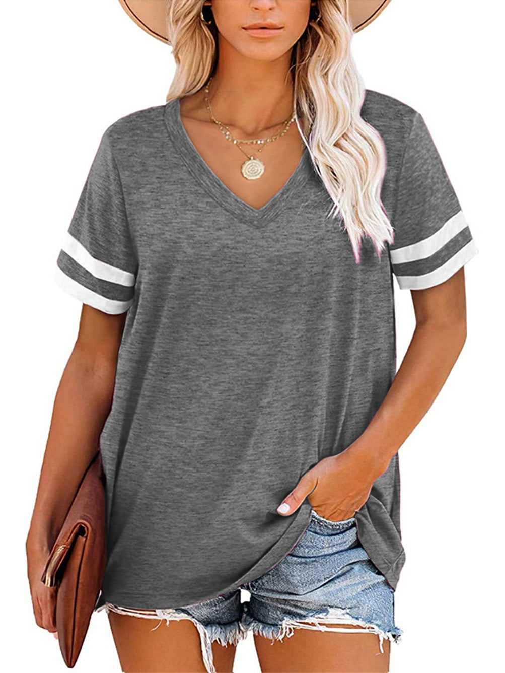 Damen-V-Neck-T-Shirt mit sportlichem Ringelmuster und lässiger Passform, Größe [Größe fehlt]