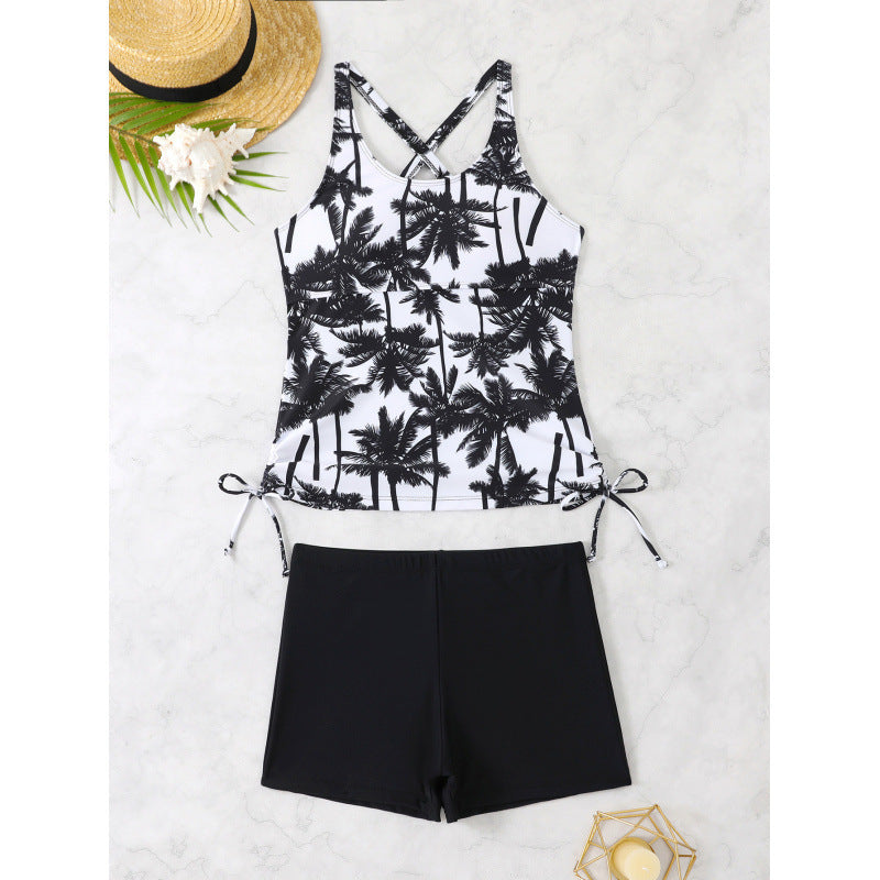 Women's tankini set with adjustable straps and modern palm print, size S
