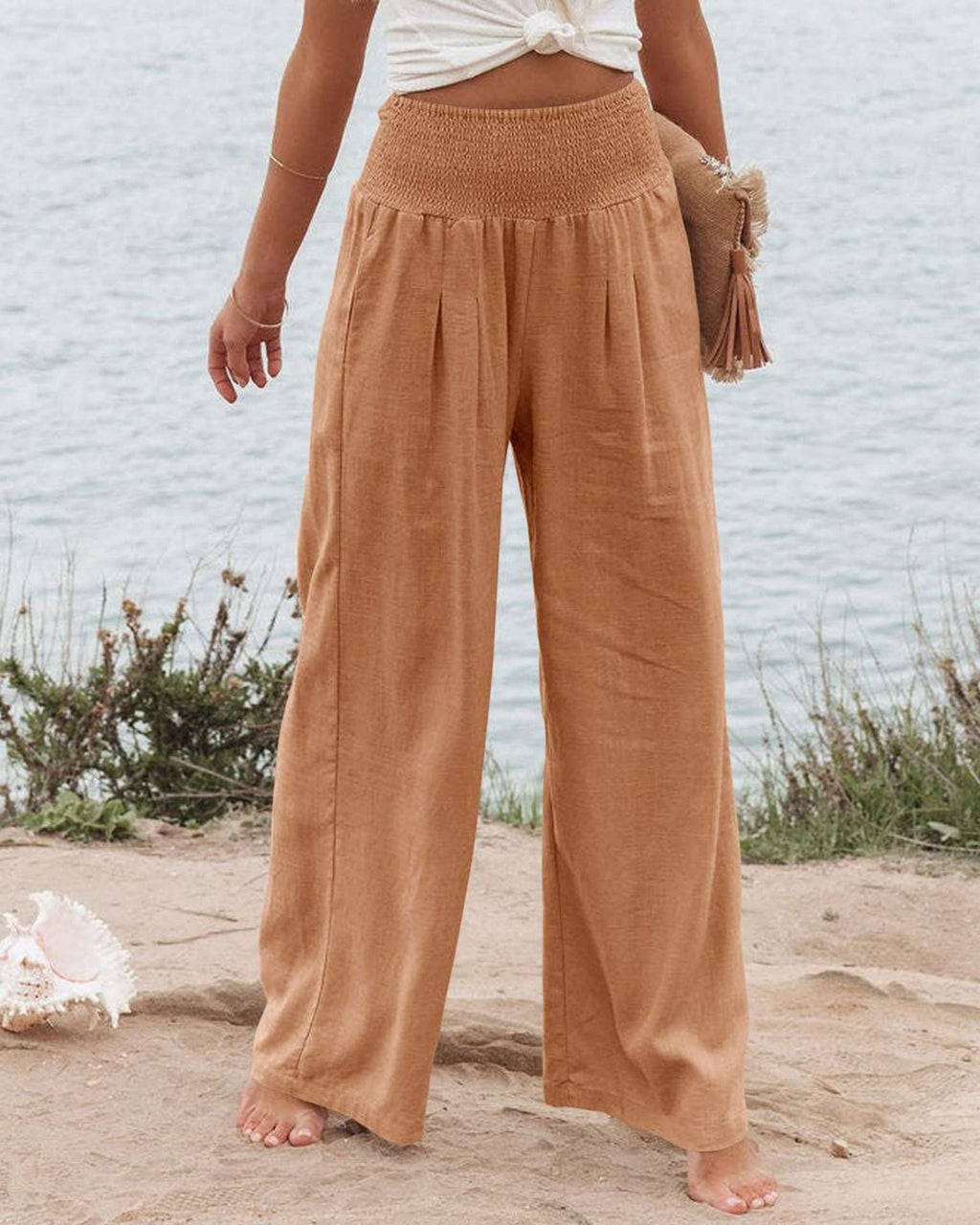 Damen-Leinenhose mit weitem Bein, elastischem Bund und Bundfalten, Größe