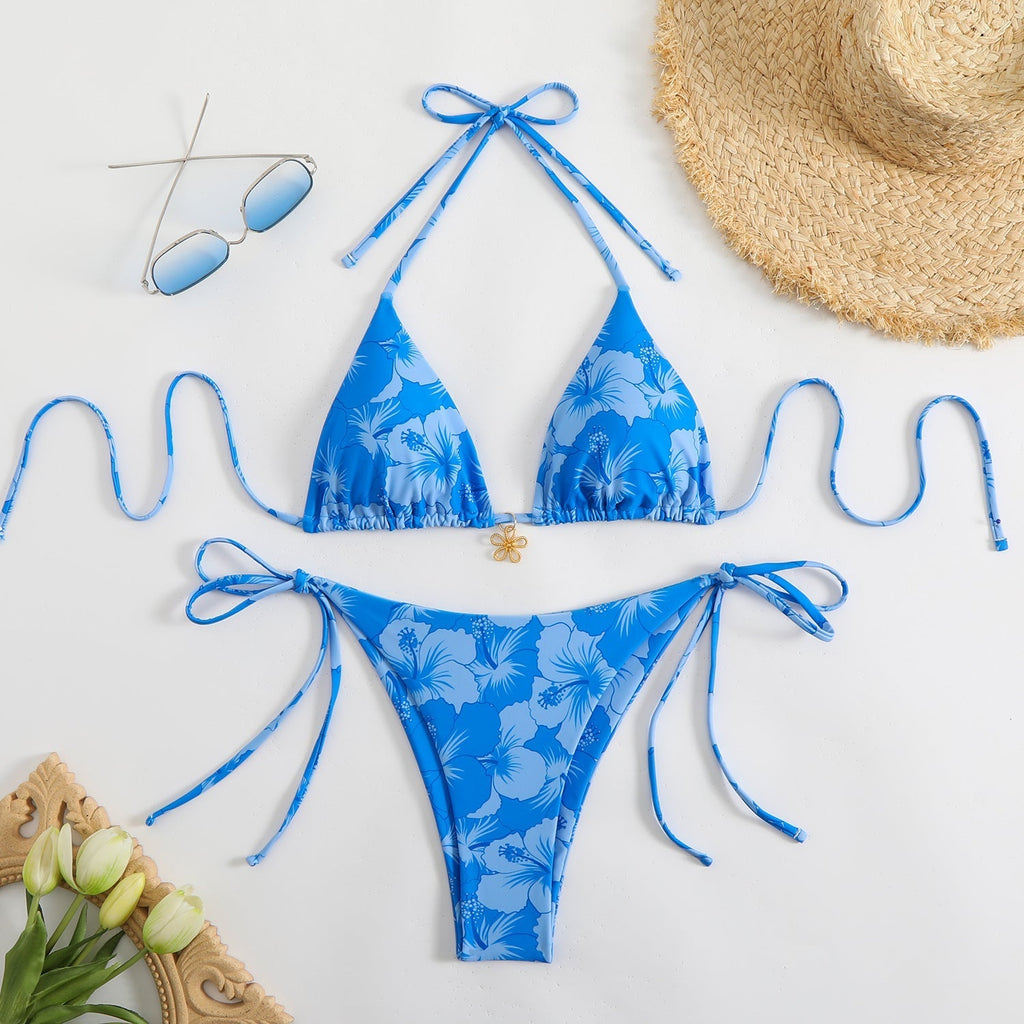 Valenzora | Damen Triangel-Bikini-Set mit verspieltem Blumenmuster und Bindebändern