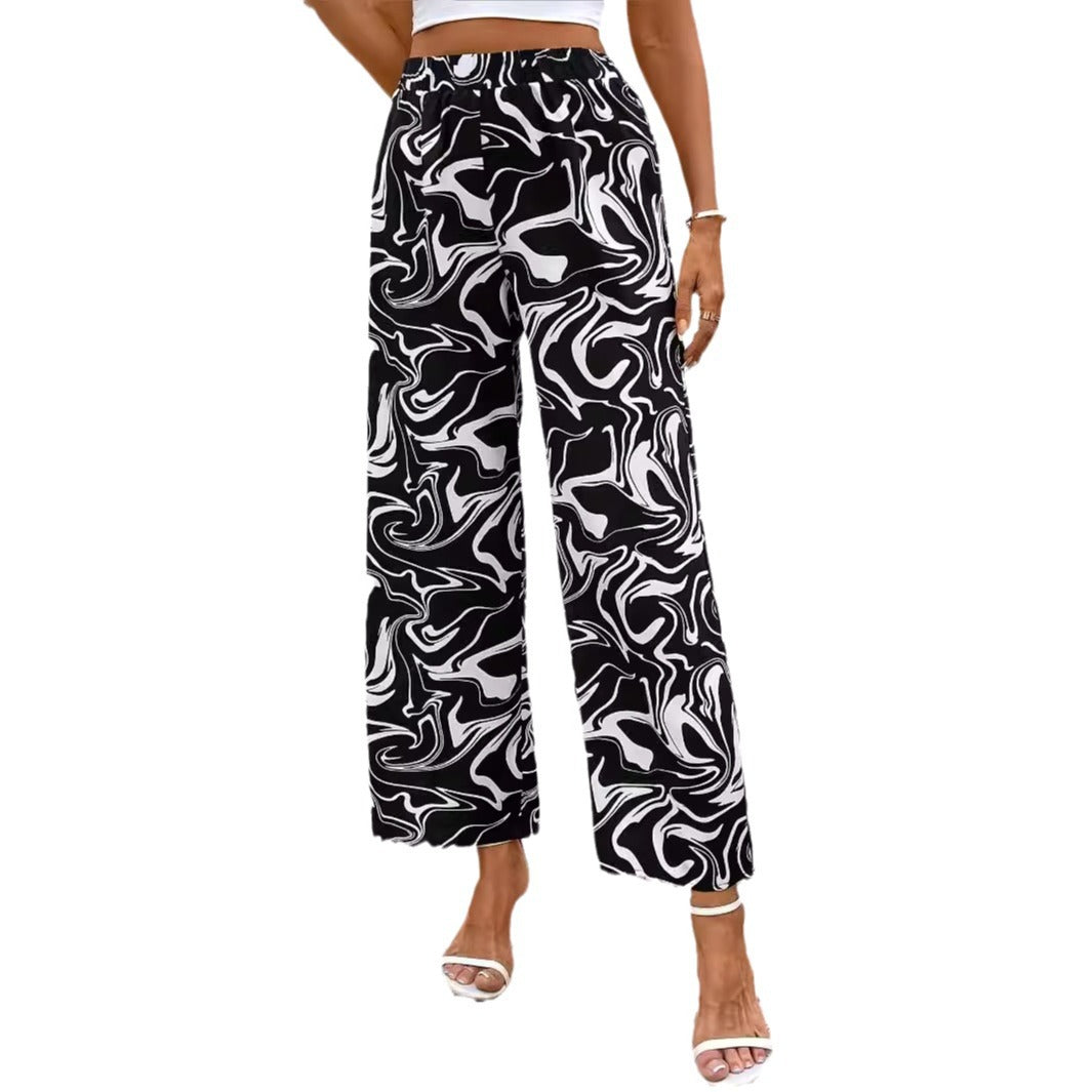 Damen-Palazzohose mit weitem Bein, modernem Marmordruck und elastischem Bund, Größe S