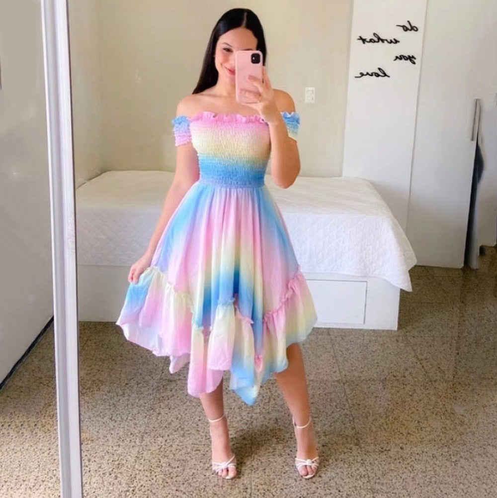 Women's summer off-the-shoulder dress with a colorful butterfly pattern and flowing pleats, size S