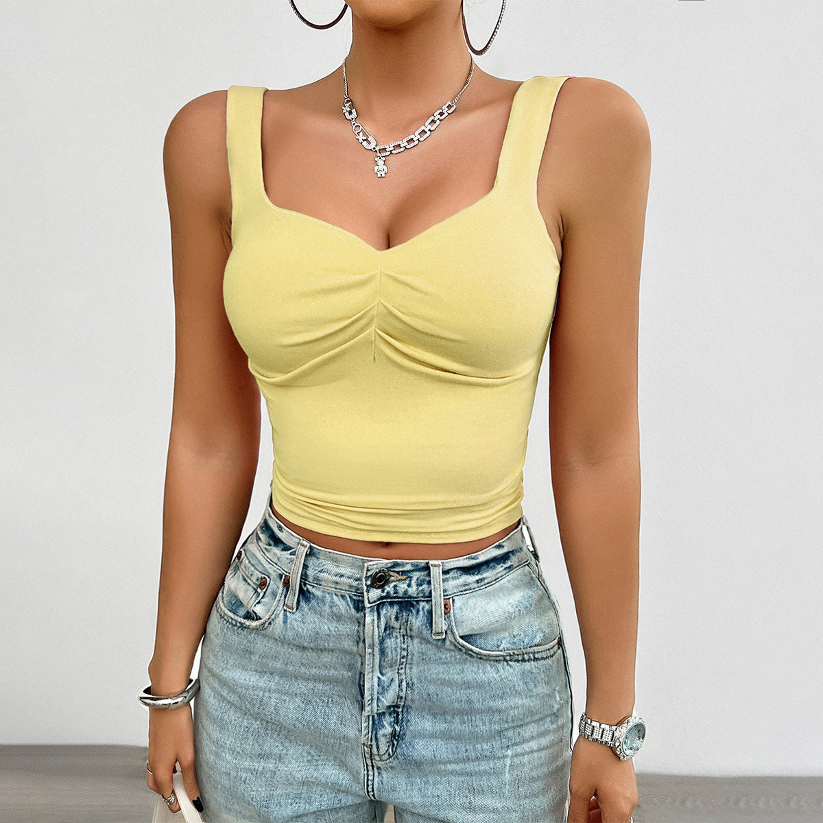 Women's cropped top with ruching and wide straps, size