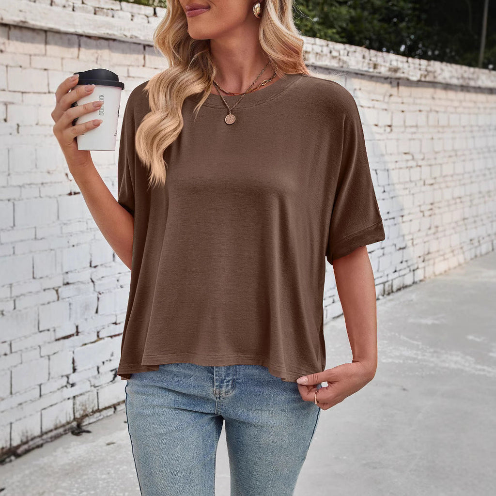 Women's casual cropped top with wide sleeves and round neckline, size