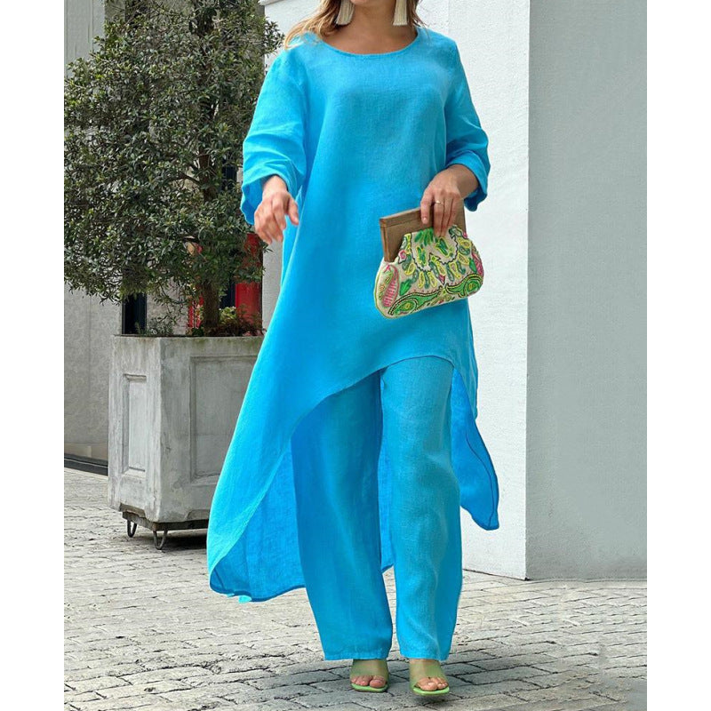 Valenzora | Cotton Linen Loose Irregular Long Sleeve Two-Piece Set