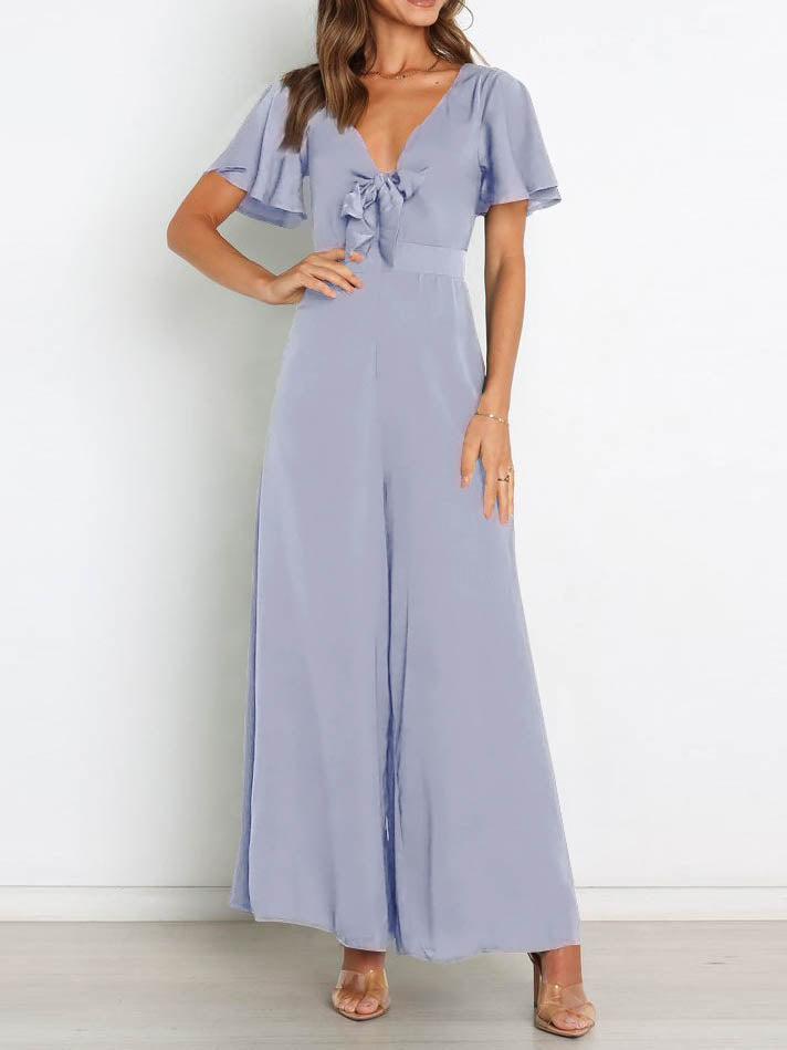 Valenzora | Short-sleeved wide-leg casual V-neck jumpsuit
