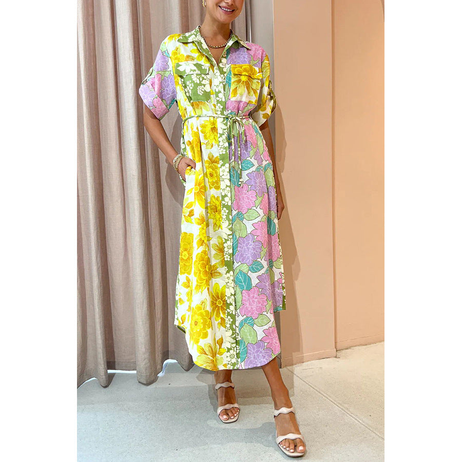 Valenzora | Spring Summer Loose Holiday Dress Casual Short Sleeve Lace-up Pocket Dress