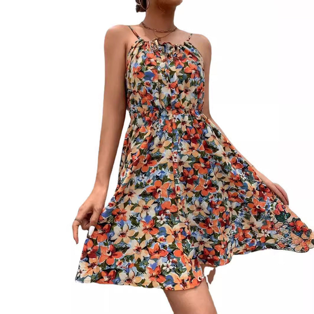 Women's floral dress with adjustable spaghetti straps and elastic waistband, size [size missing]