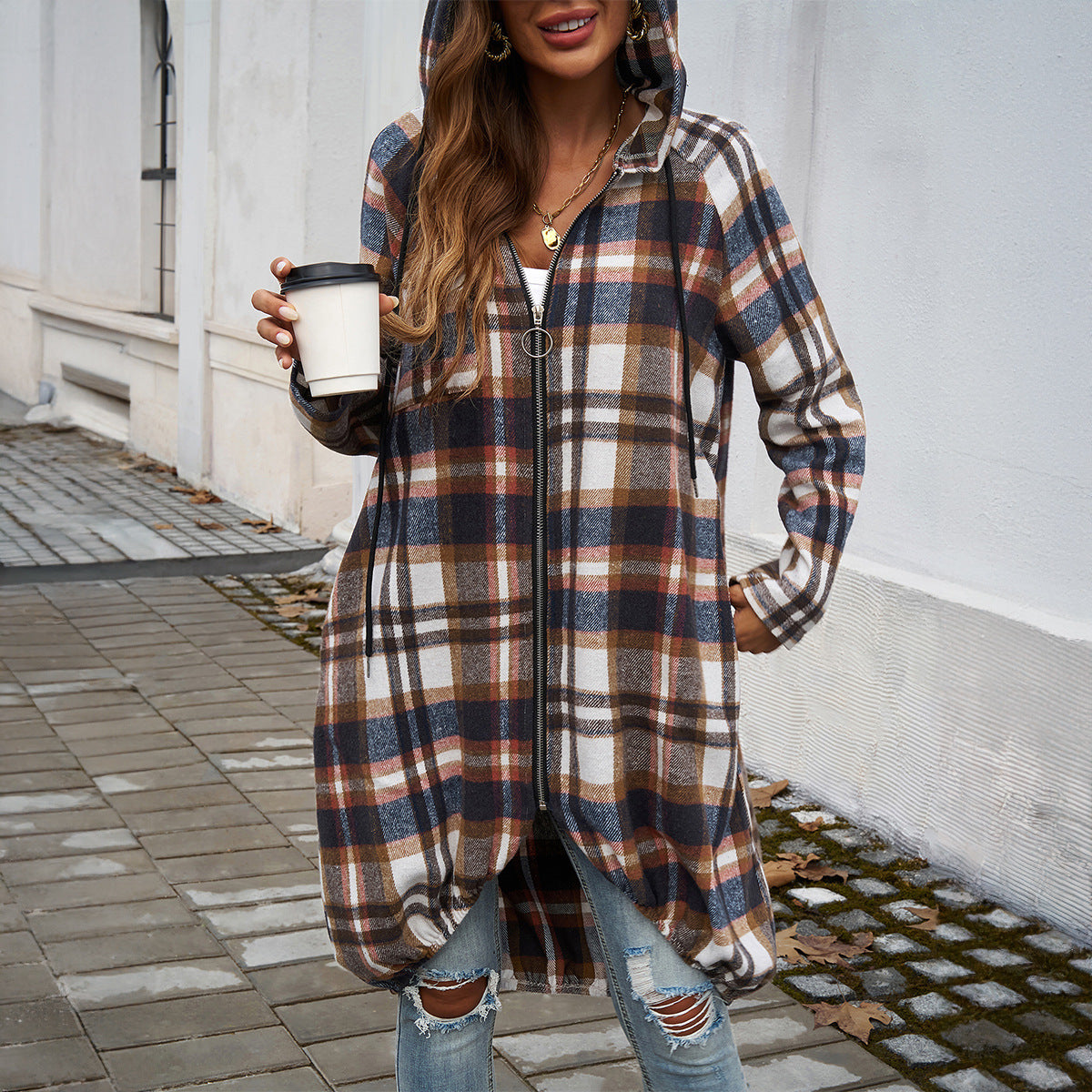 Women's Checked Long Jacket with Hood and Pockets, Size