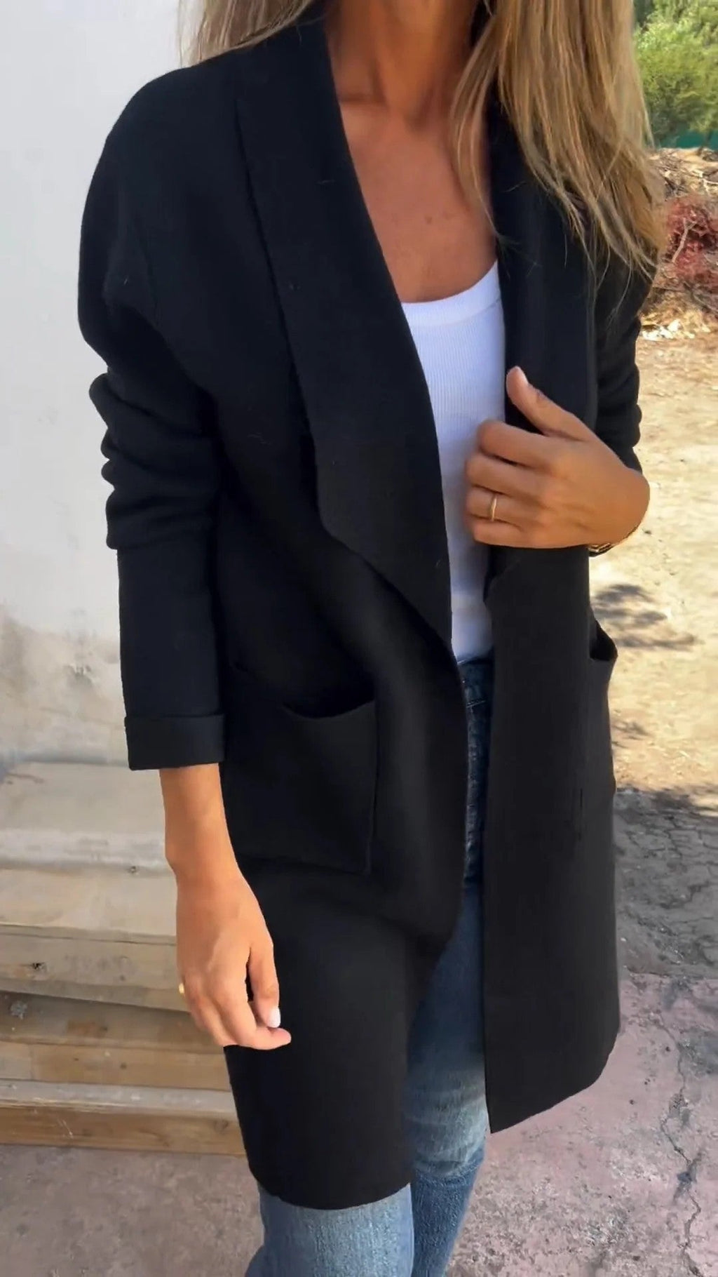 Damen Freizeit-Oversize-Mantel mit offenem Kragen und praktischen Taschen, Größe S