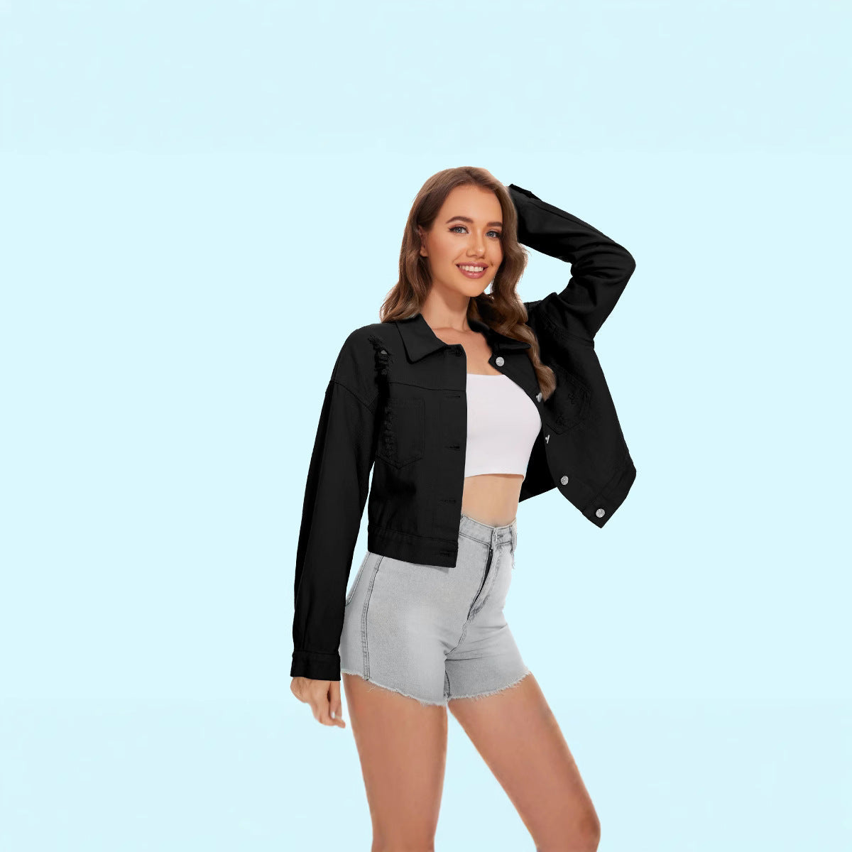 Jeansjacke für Damen im lässigen Crop-Stil mit Fransen, Größe Valenzora