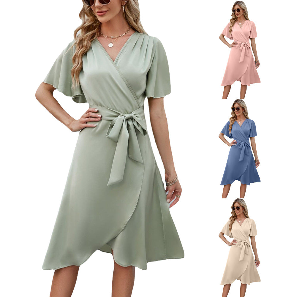 Valenzora | Satin V-neck waist-defining bell sleeve sexy dress